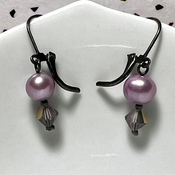 Lavender Pearl and Crystal Lever Back Earrings - Picture 2 of 4